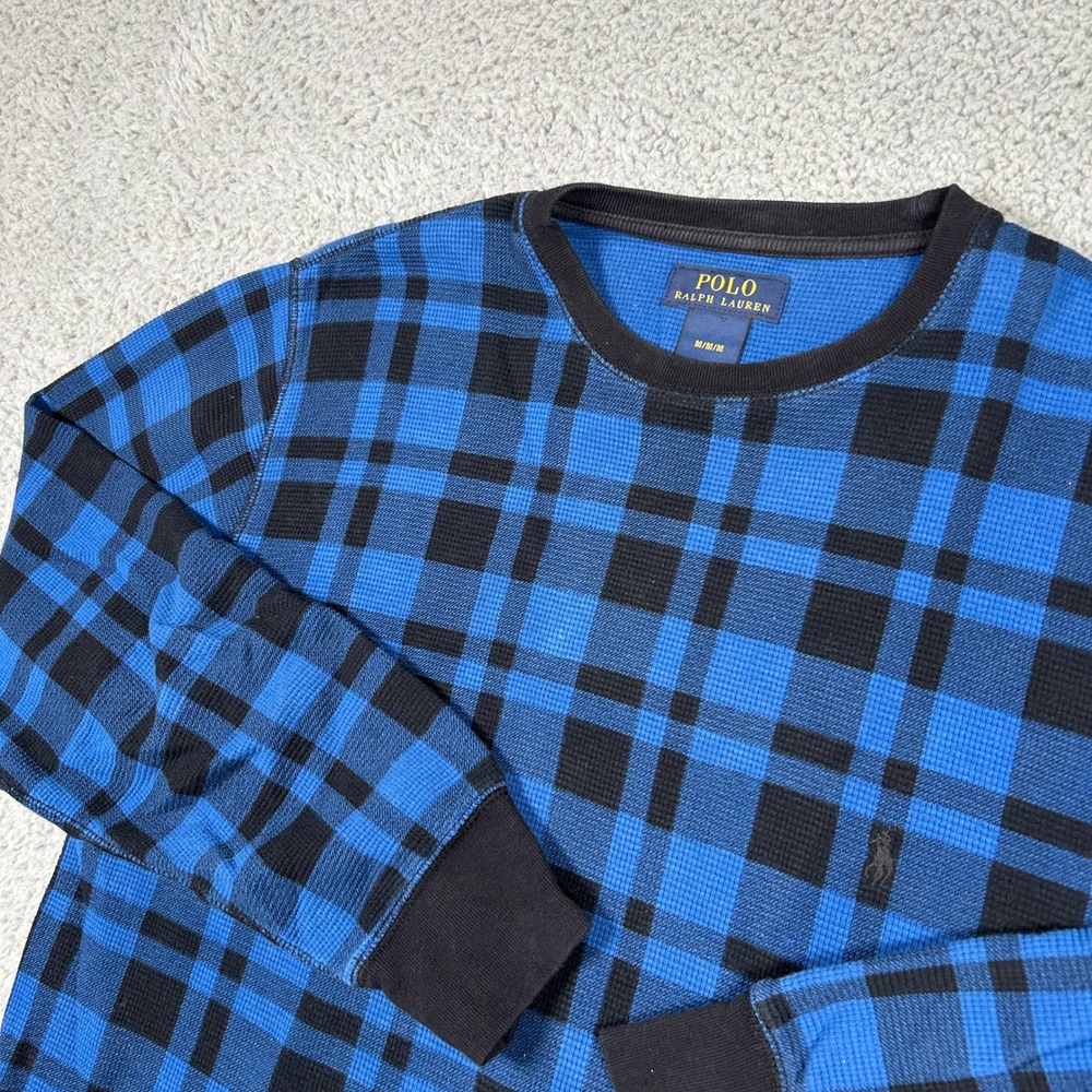 Polo Ralph Lauren Sweater Mens Medium Blue Black Plaid Waffle Knit‎ Preppy
